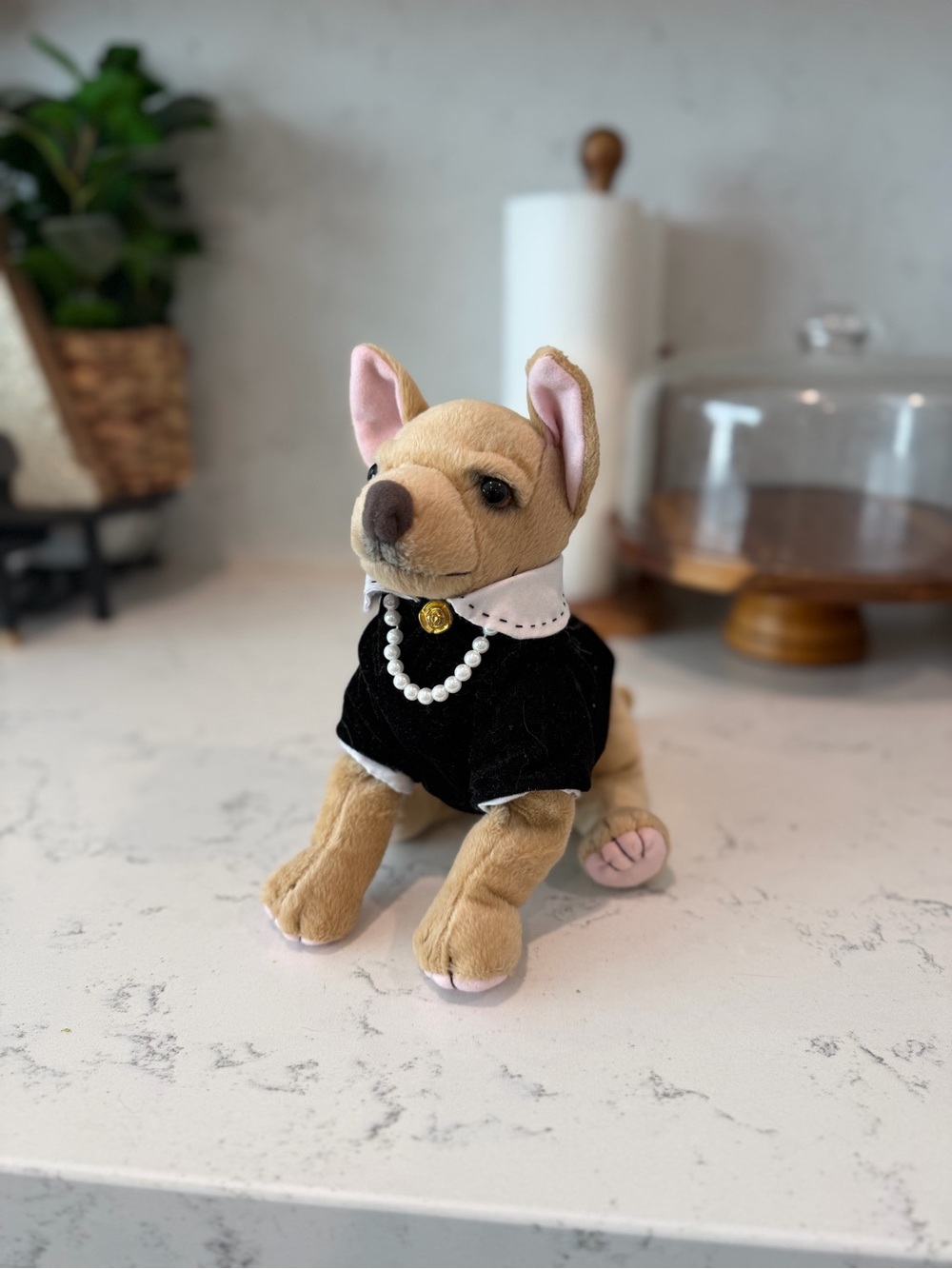 Plush Bruiser Legally Blonde Toy in Tan with Black Outfit and Pearl Collar